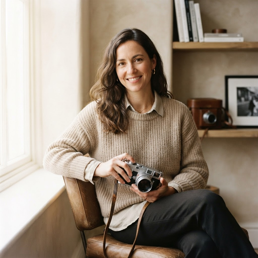 Portrait of the photographer holding a vintage camera